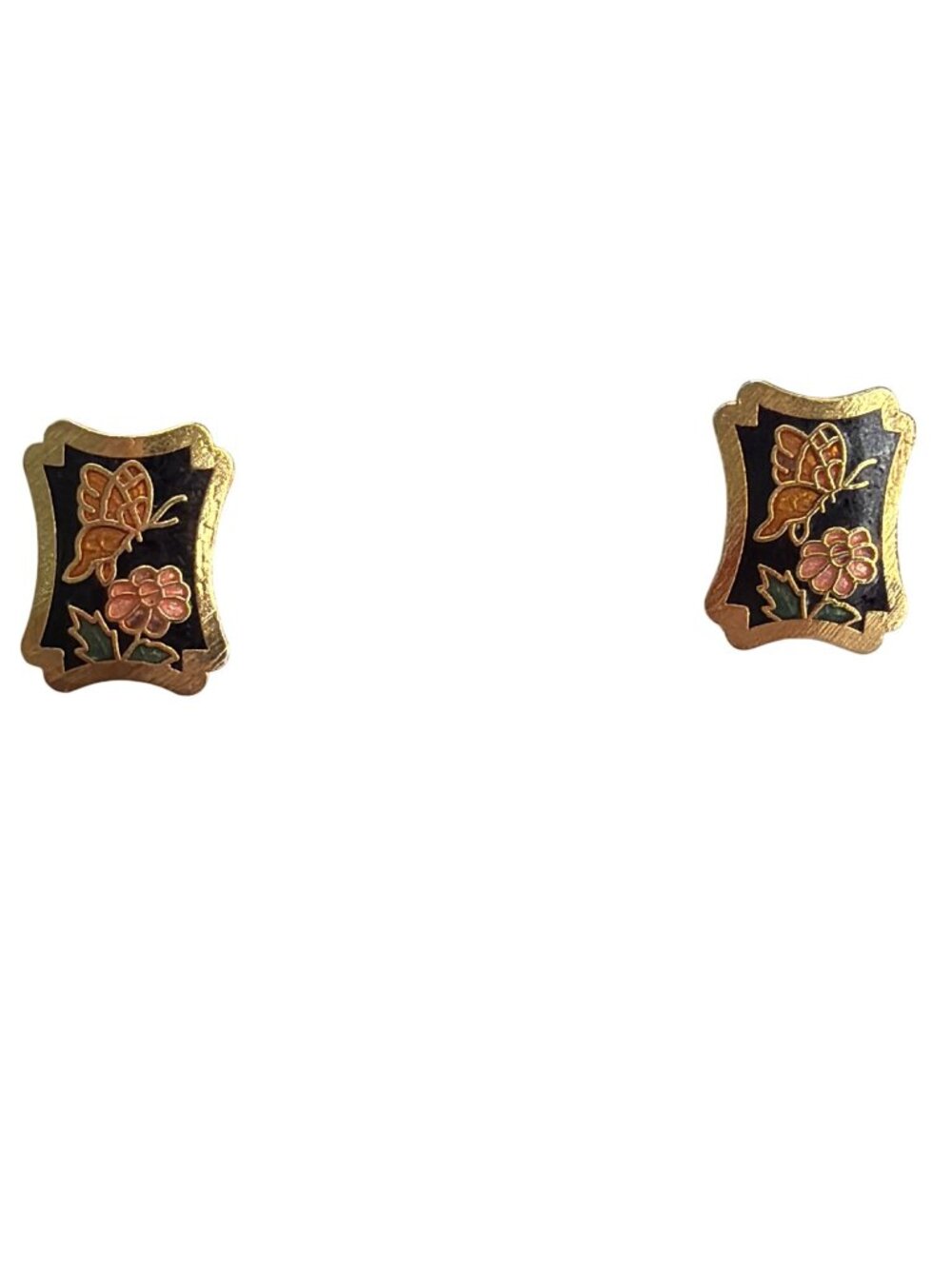 Vintage Cloisonné Butterfly Floral Gold Tone Stud Earrings Black Rectangle .5"